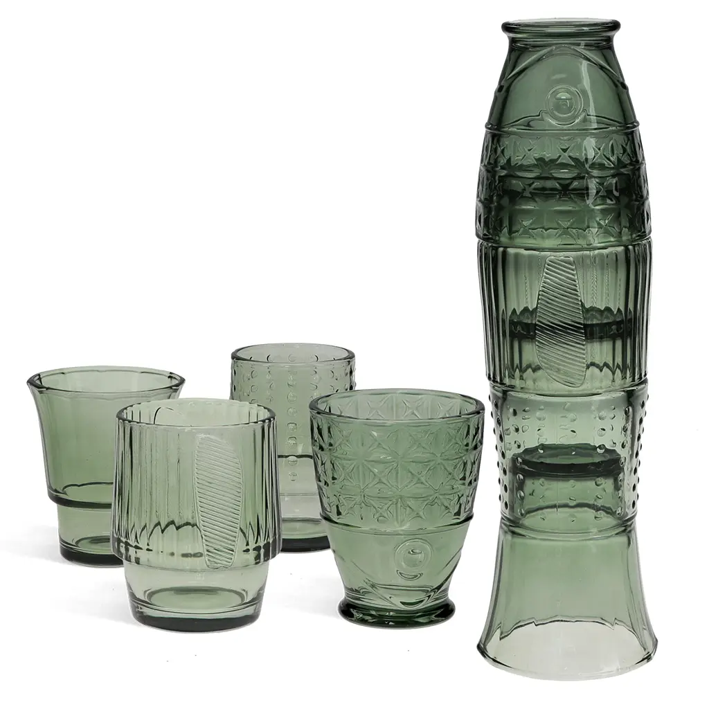 Stapelbare Glasbecher (4er-Set) – Grüner Fisch