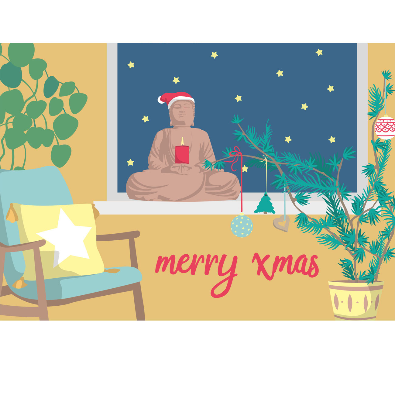 Postkarte Merry Xmas Buddha , Weihnachten Postkarte , lucky cards