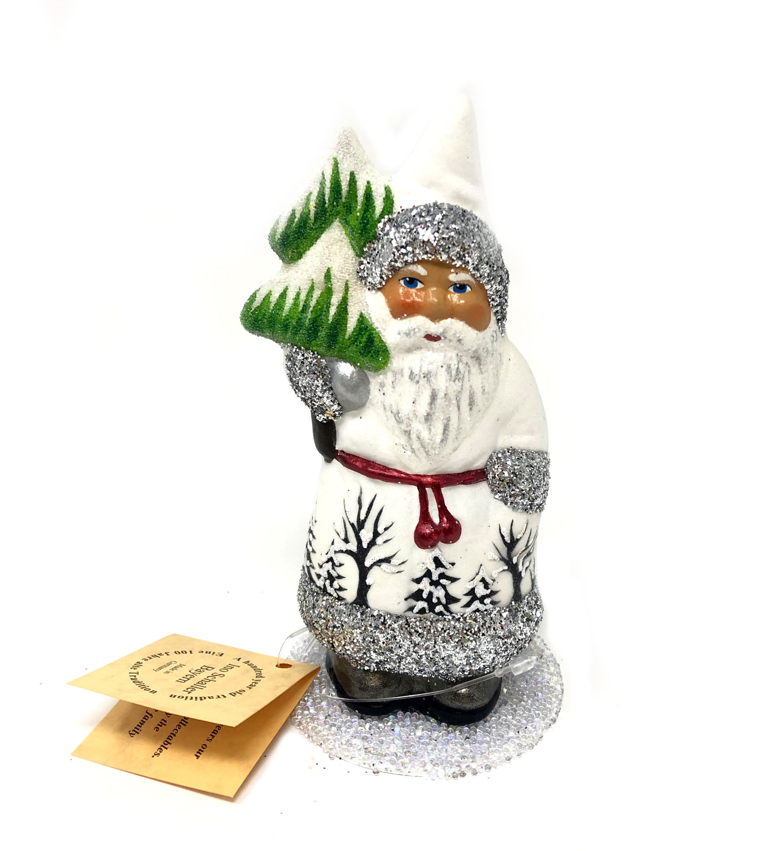 Ino Schaller Santa Nr. 80, Weiß mit Bäumchen Schwarz Glitzer,  Weihnachtsmann Nostalgie von Ino Schaller 