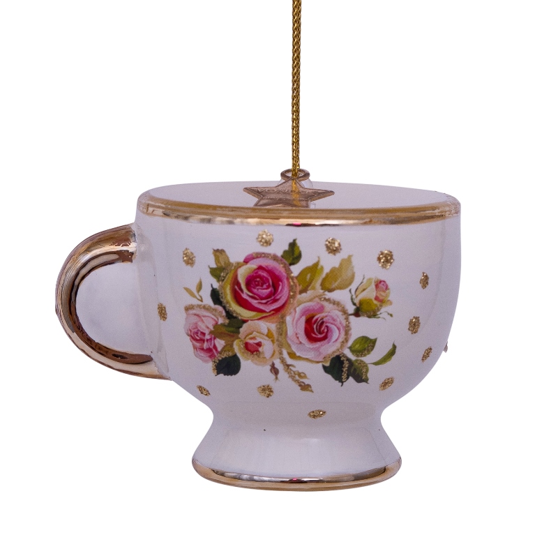  Weihnachtskugel Teetasse mit Blumendruck, weiß , Glas,  D. ca.  cm , Delicate Stories   