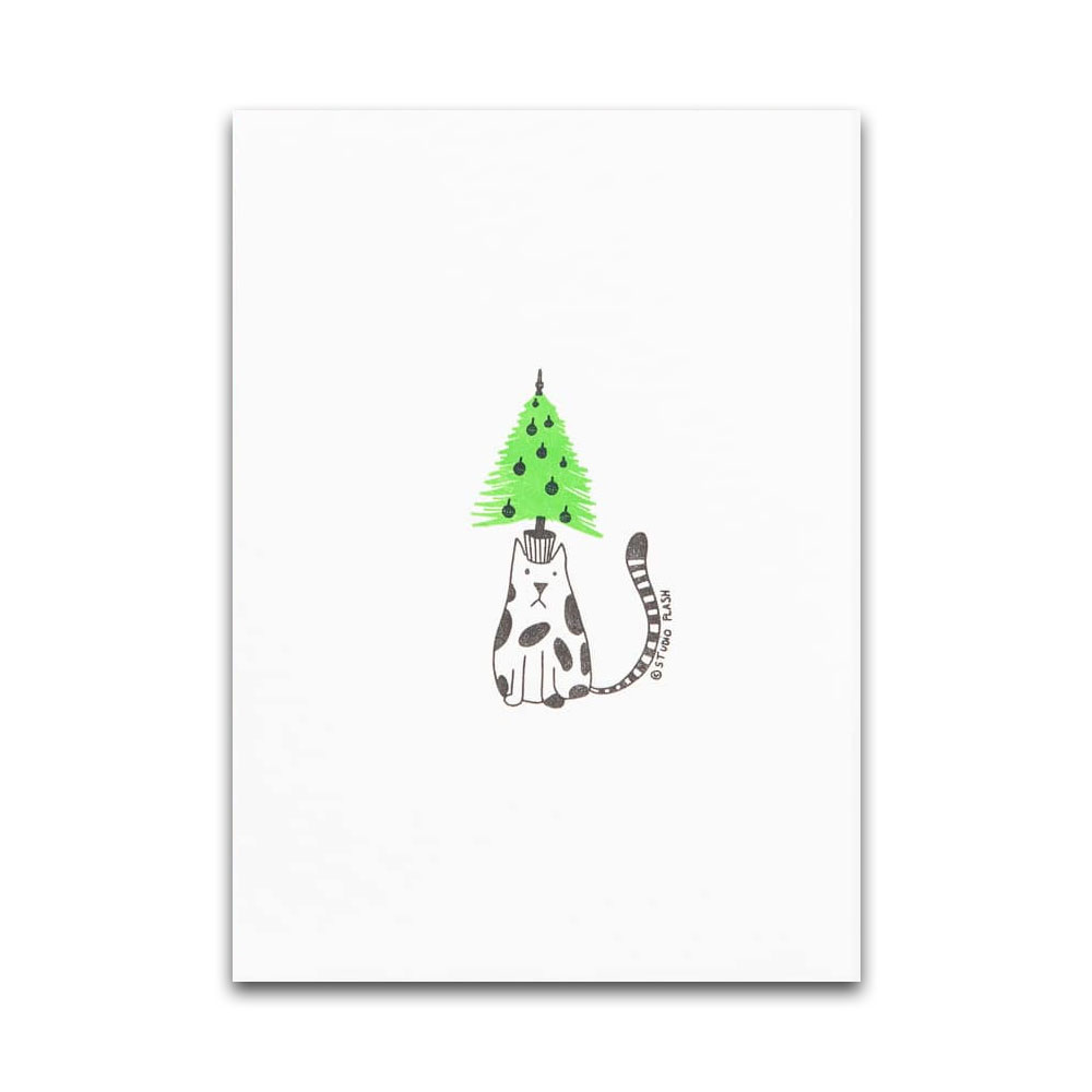 Letterpress Karte XMAS "Cat with Christmas tree on its head" mit Umschlag, handgedruckt von Studio Flash , Katze 