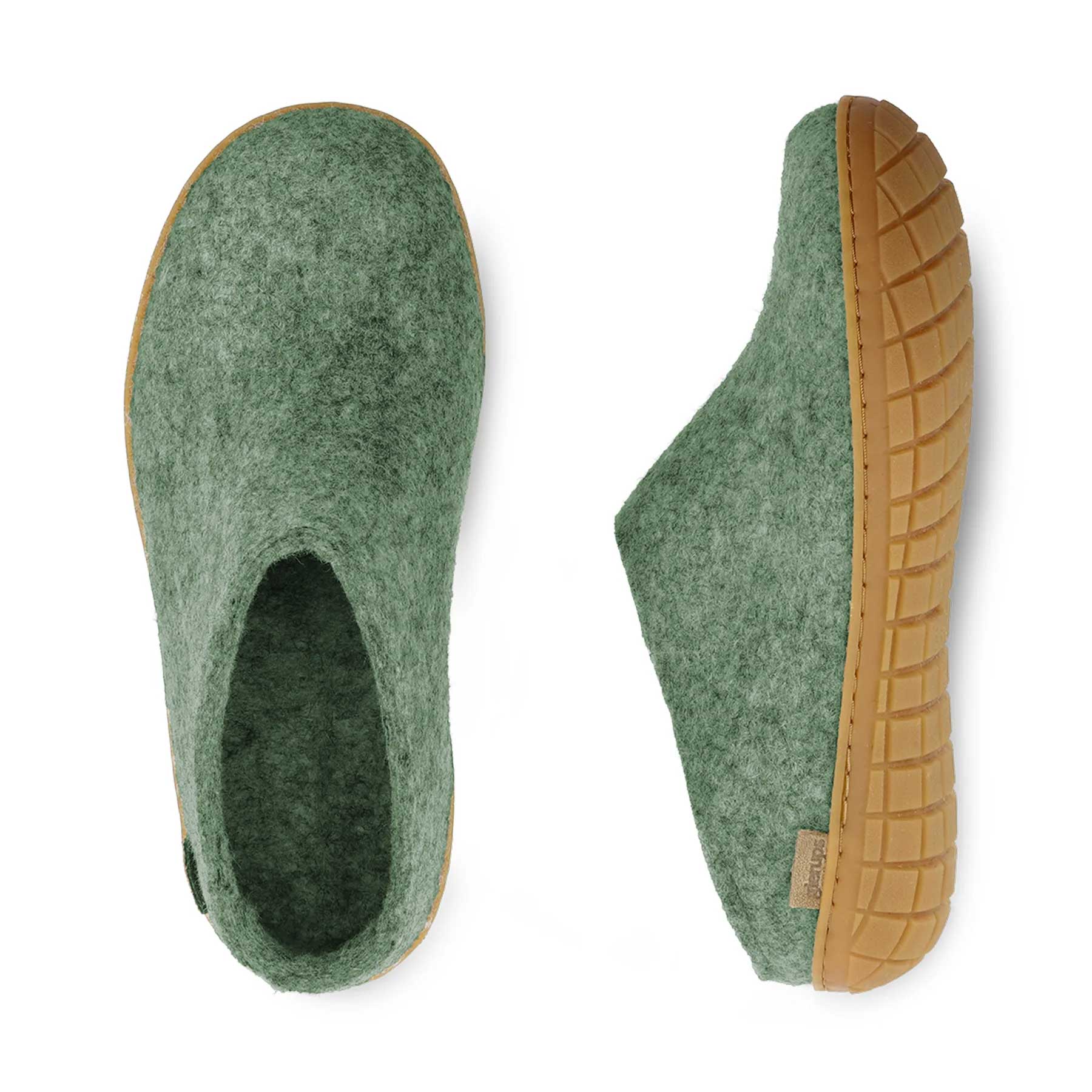 Glerups Open Heel / Slipper 100% Wollfilz , Hausschuhe, Schlappen MOSS  mit Sohle aus Naturkautschuk  