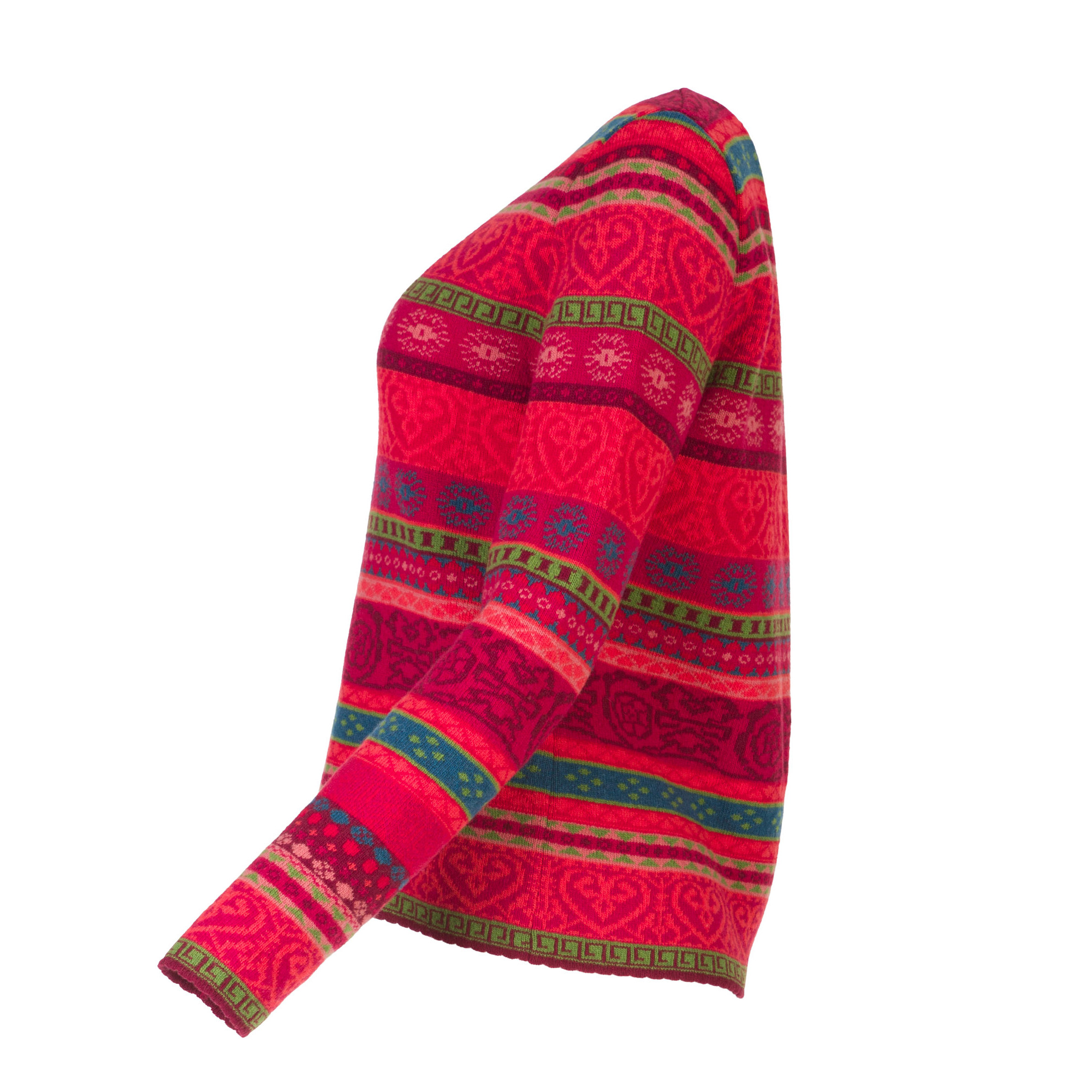 DUNQUE Jacquard-Pullover" ANNA" GOTS , Farbe rot-bunt, 100 %Wolle, Made in Germany