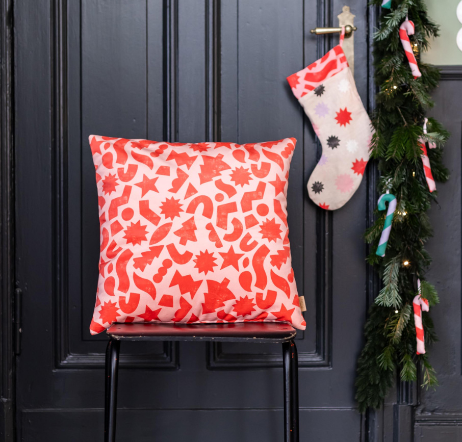 % Kissenhülle XMAS "Weihnachtsmuster rot rosa", 50 x 50 cm, Velours 