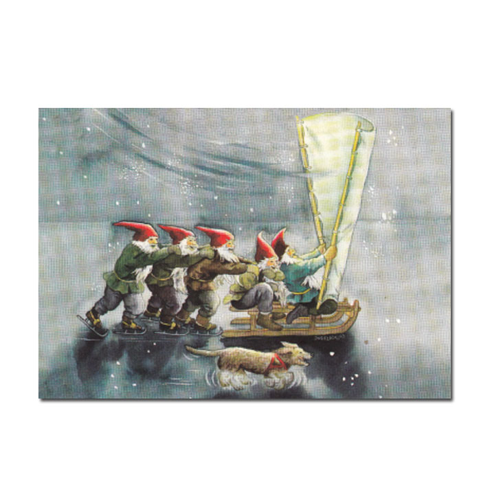 Postkarte Inge Löök "Zwerge mit Schlitten und Schlittschuhen "  Löök Postkarte Weihnachten