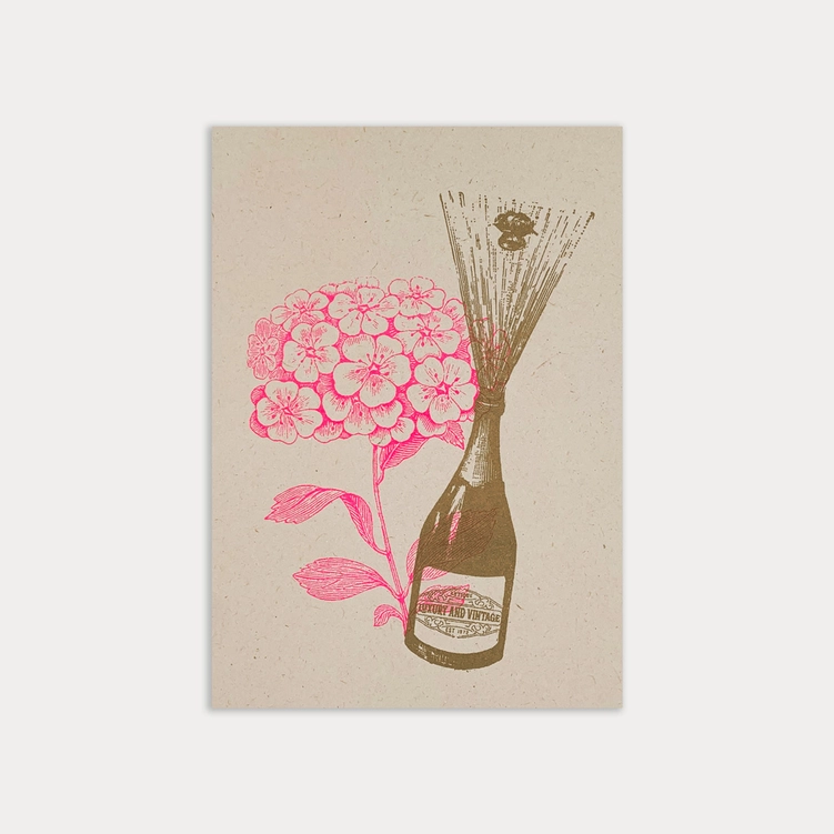 RISO Postkarte TYPO »Champagner mit Blume« Glückwunsch,  Neon Pink, handgedruckt von Togethery