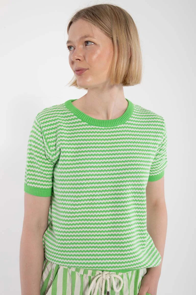 Danefae Danesilver Pearl Knit Sweater Tee Bright Green/Chalk, Strick-T-Shirt