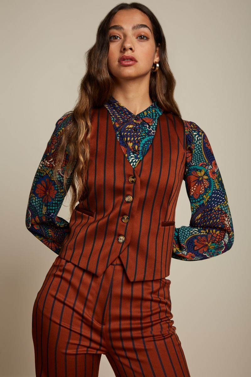 King Louie Marcie Bianca Gilet Cubano Stripe, Farbe: Patina Brown, Weste King Louie Marcie Bianca Gilet Cubano Stripe, Farbe: Patina Brown, Weste