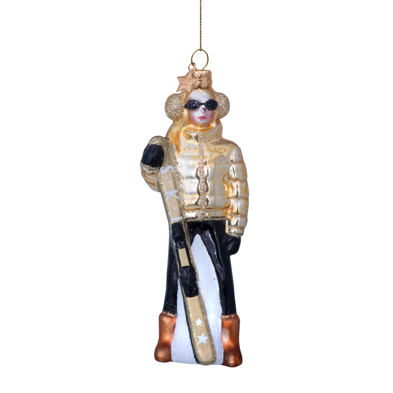 Weihnachtskugel Skifahrerin" ski lady", champagne, H. ca. 13 cm, Glas von Vondels 