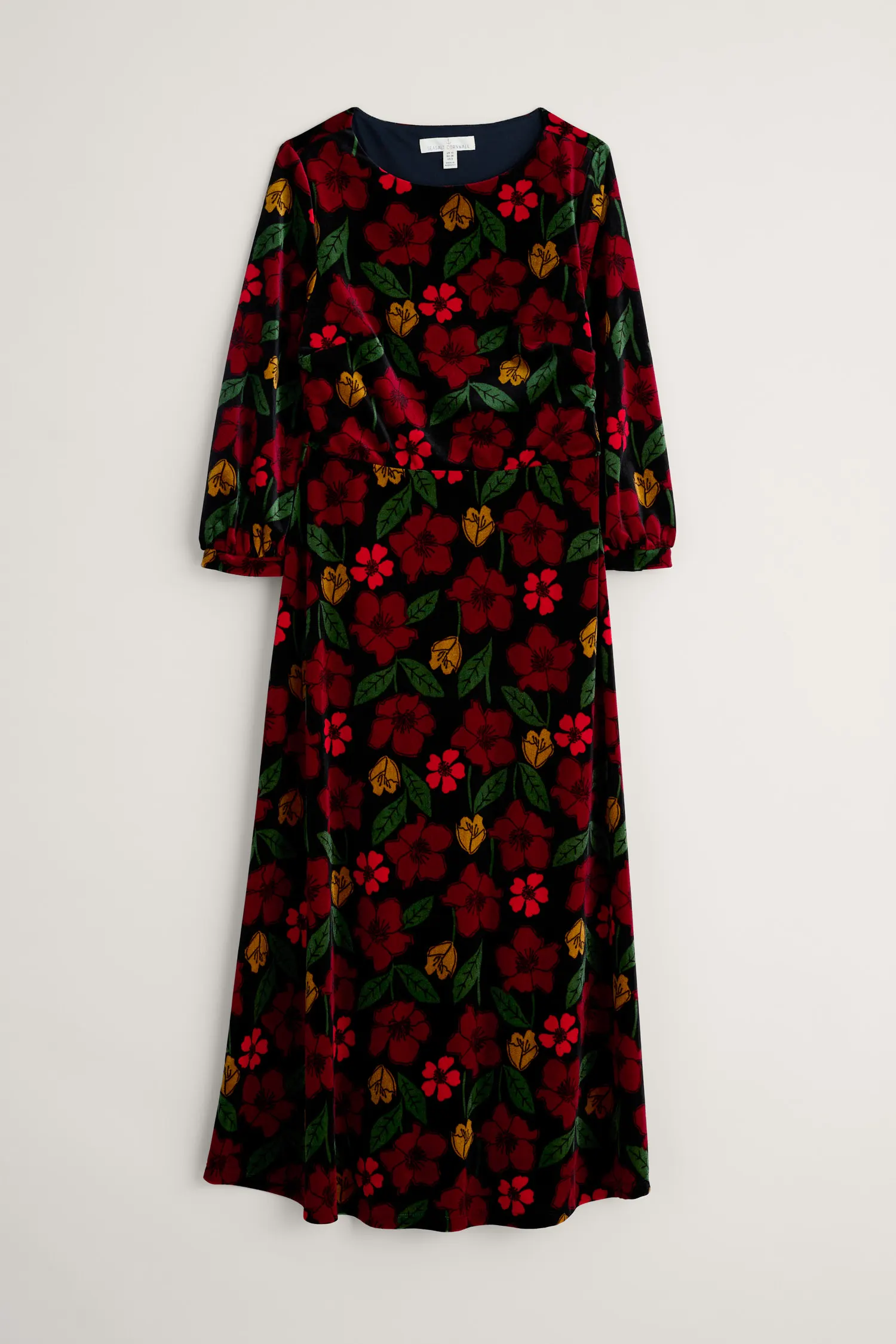 SEASALT CORNWALL Kleid Samt Oak Cottage Velvet Dress, Muster: Collaged Rose Onyx Carmine
