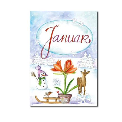  Postkarte Januar (Amaryllis, Schneemann, Reh)  , Monat   