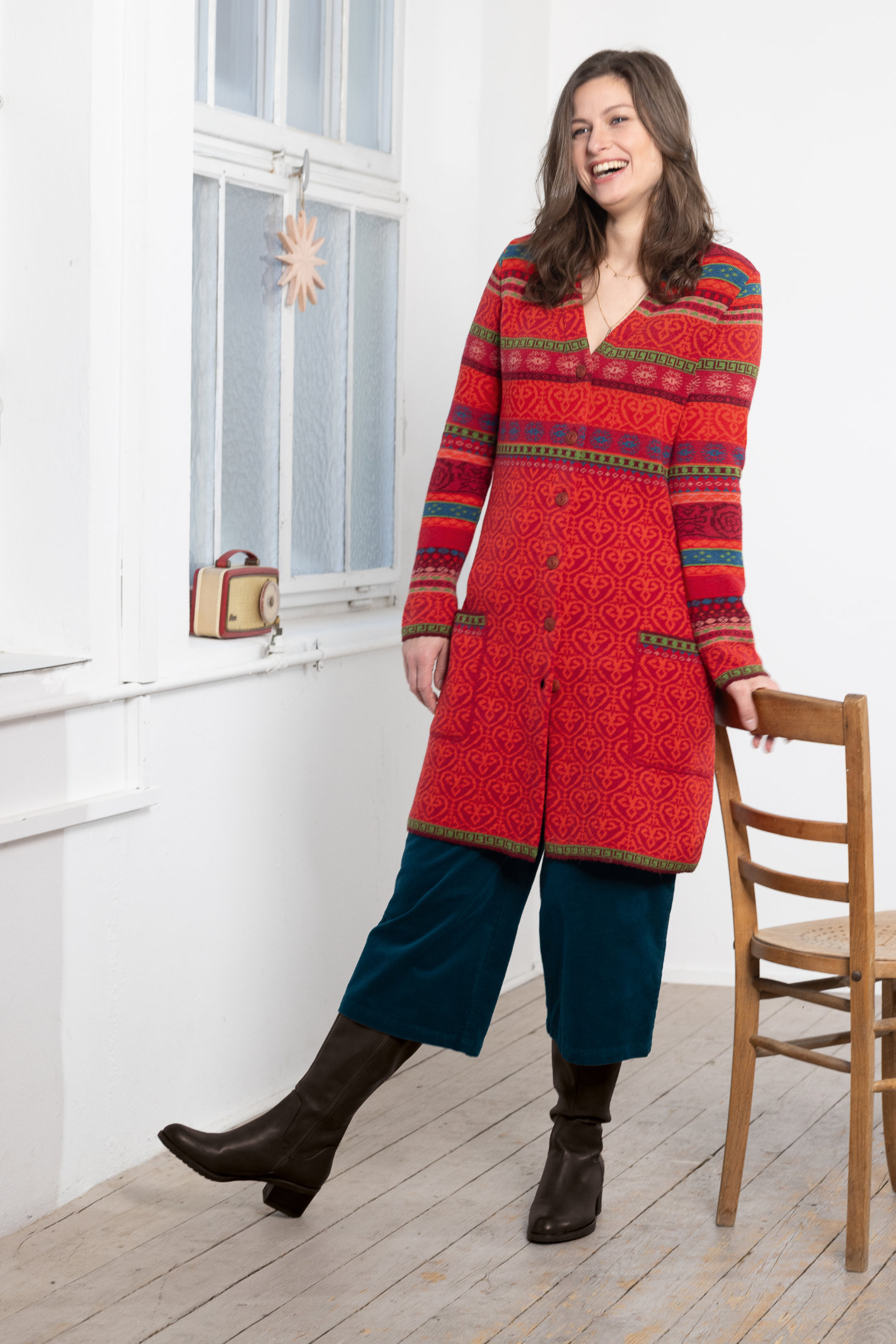 DUNQUE Jacquard-Kurzmantel "LENA" , Farbe rot-bunt, Made in Germany 