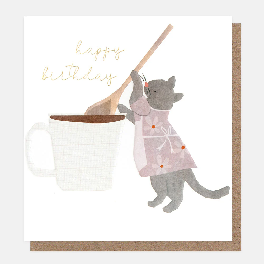 Caroline Gardner Geburtstagskarte mit einer Katze, die in einer Tasse rührt , TNY002, Cat Stirring A Mug Birthday Card 