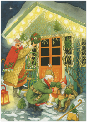 Postkarte Inge Löök " Frauen und Wichtel dekorieren weihnachtlich "  Löök Postkarte Weihnachten 
