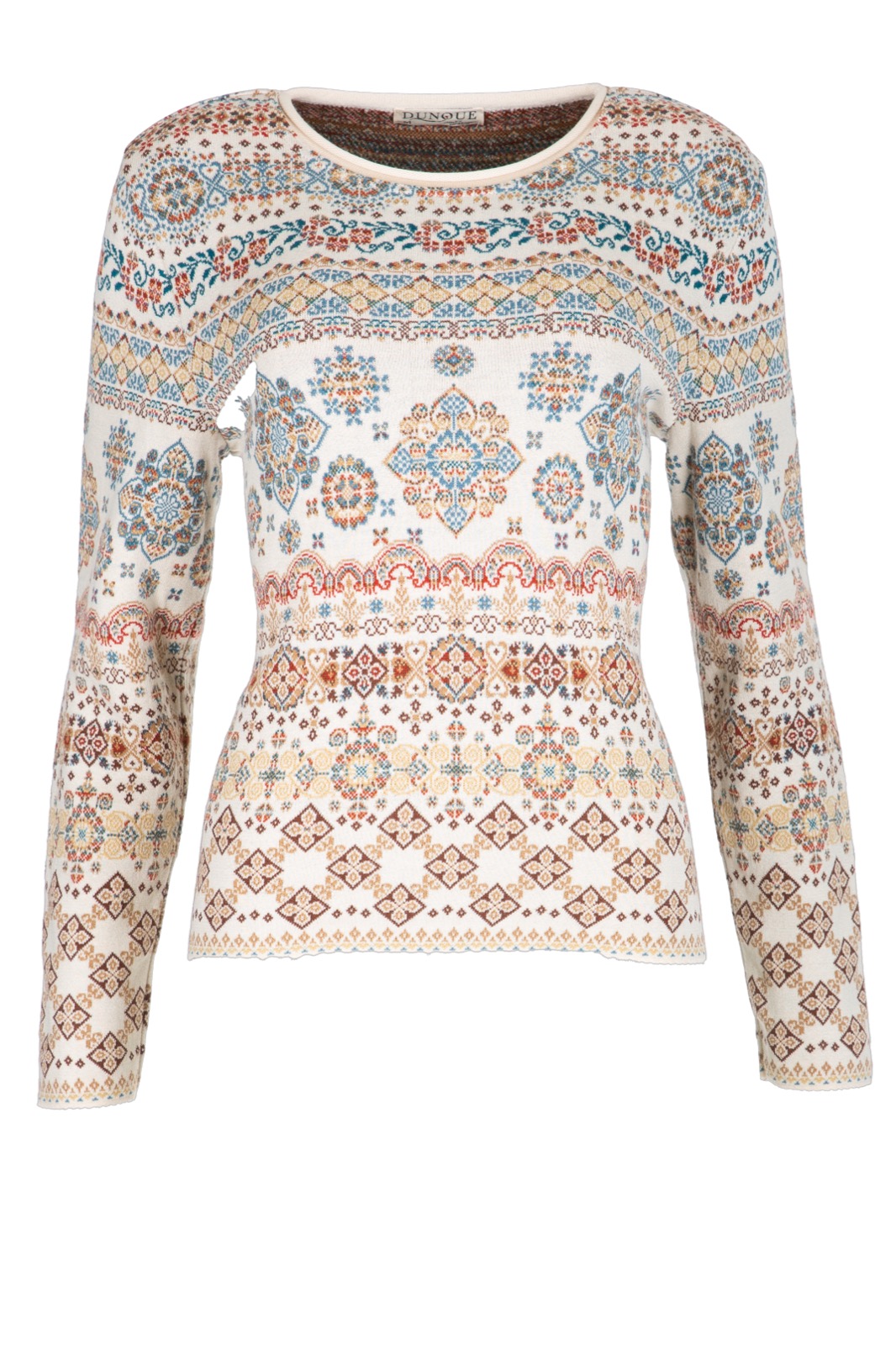 DUNQUE Jacquard-Pullover "ANJA" Rundhals GOTS , Farbe natur-bunt, 100 % Bio-Baumwolle, Made in Germany