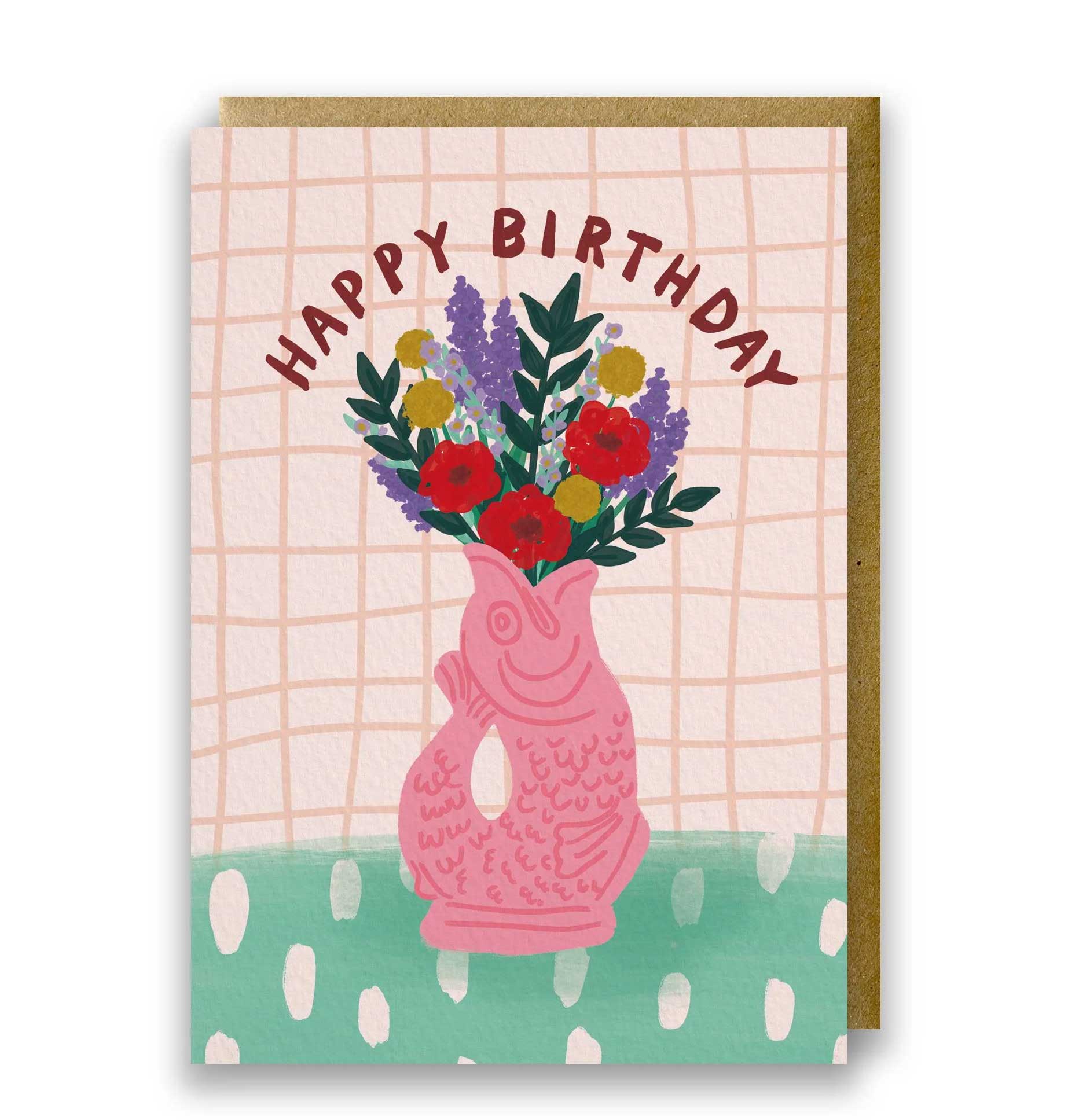 Gluckigluck Doppelkarte HAPPY BIRTHDAY, Rosa Karo, Fisch Pink