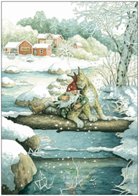 Postkarte Inge Löök "Zwerg und Katze vor winterlichem Dorf"  Löök Postkarte Weihnachten