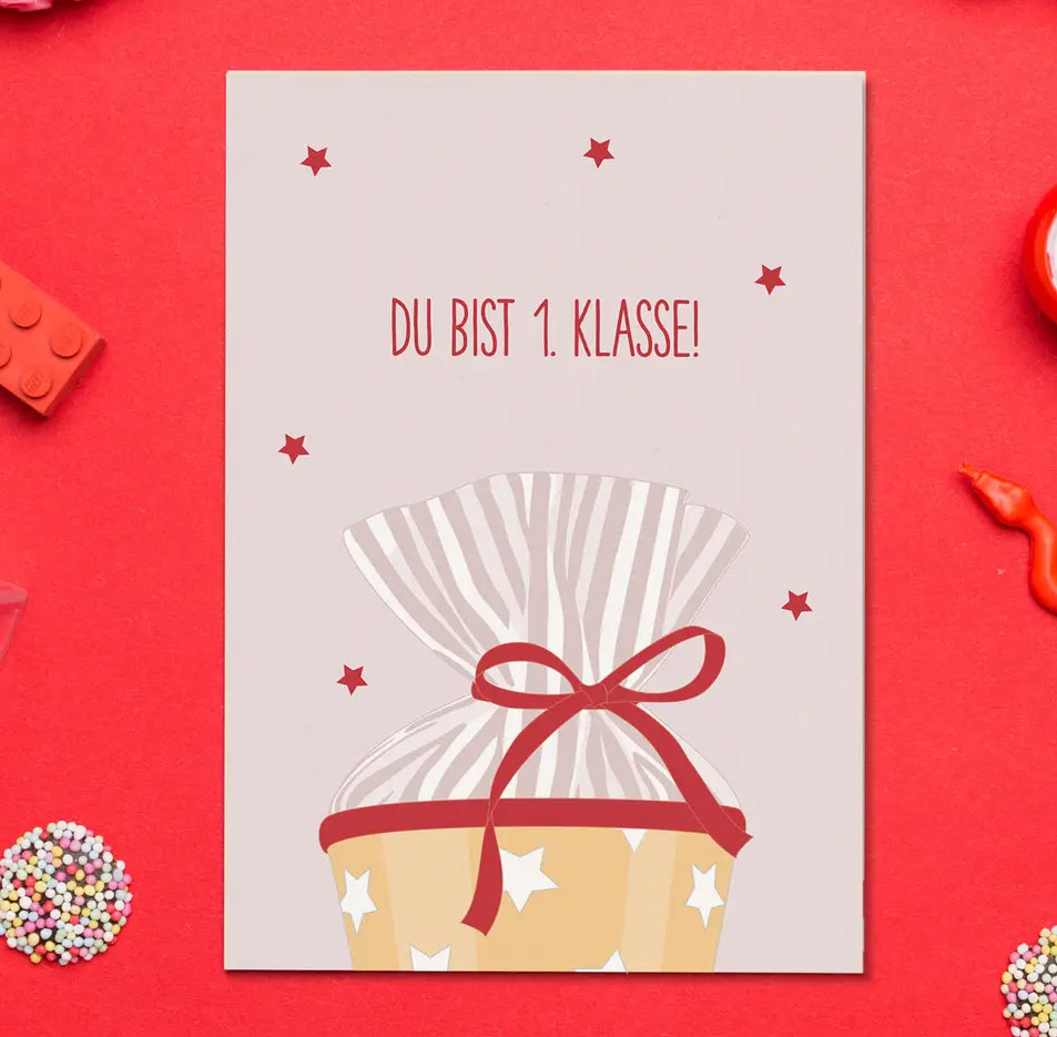 Postkarte Schulanfang, Schultüte, Holzschliffpappe