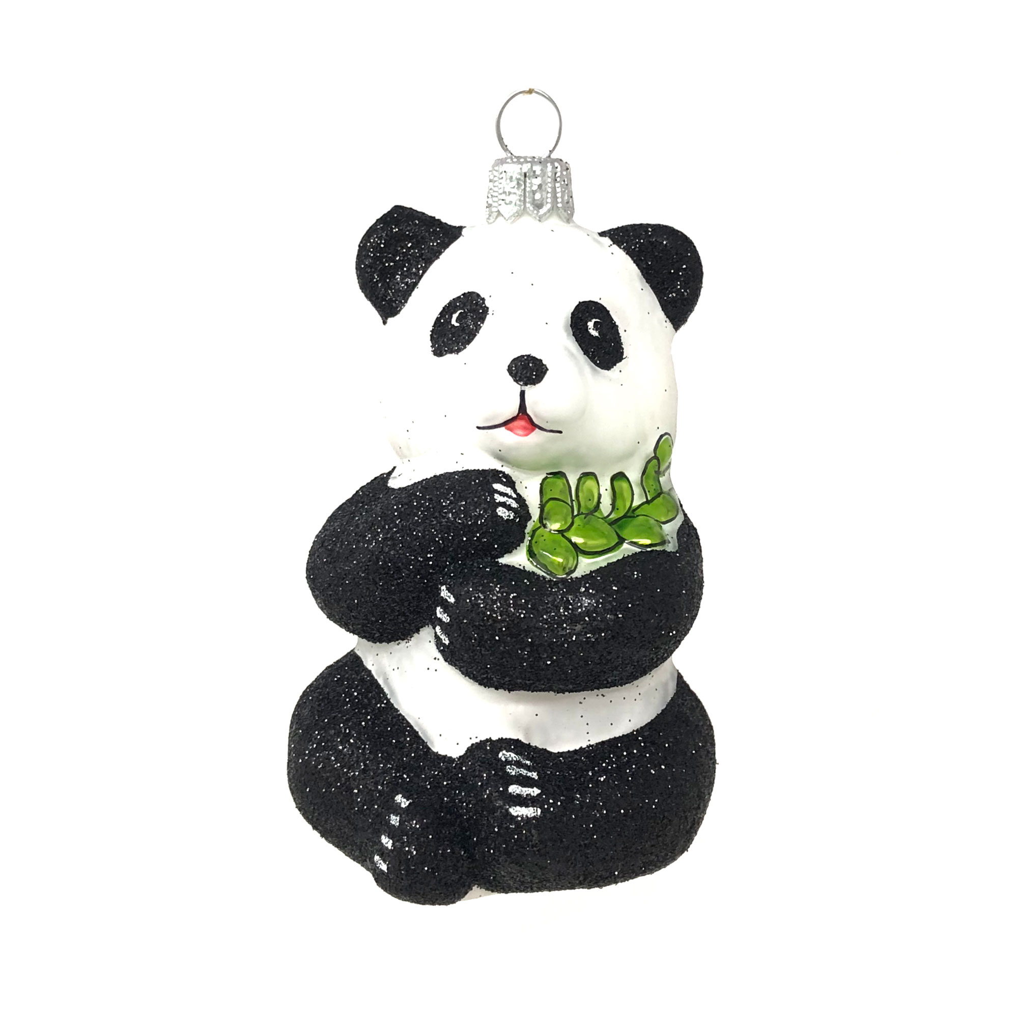 Christbaumschmuck Panda Bär mit Eucalyptuis von der Oberfränkische Glasmanufaktur