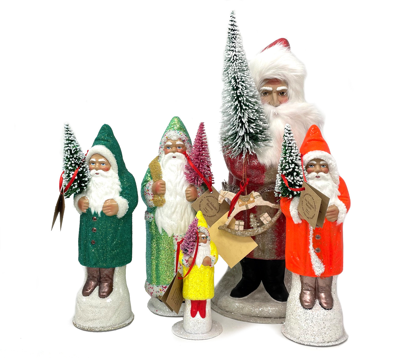 Ino Schaller Santa XL Altrot mit Fellbart, Pelzmütze und Schaukelpferd, Weihnachtsmann Nostalgie von Ino Schaller 