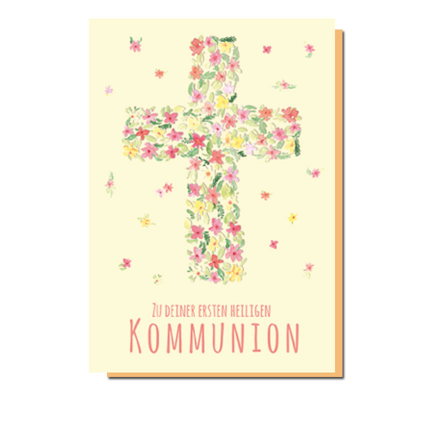 Doppelkarte Kommunion Zu deiner ersten heiligen Kommunion (Kreuz aus Blumen) 