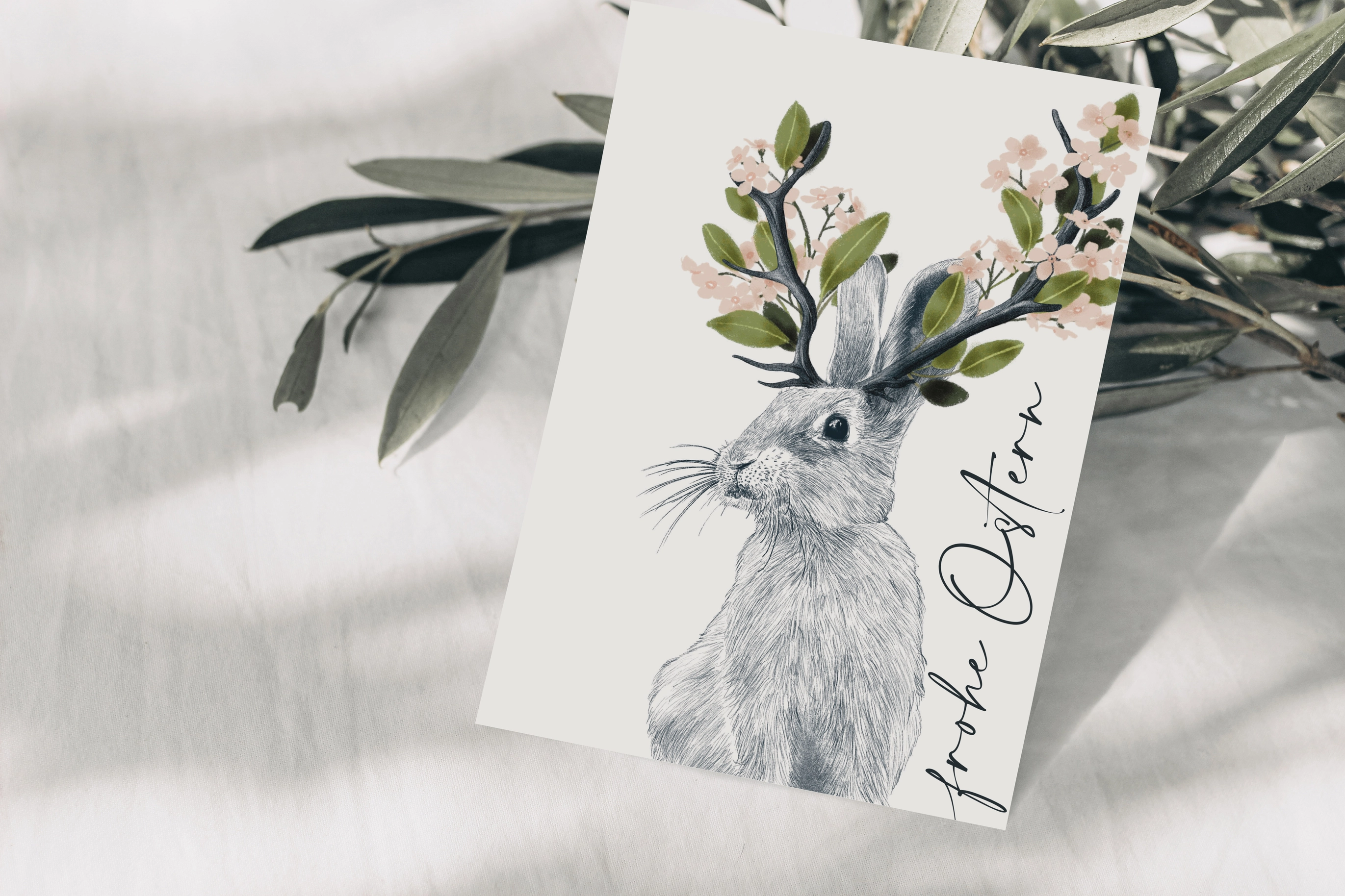 Postkarte Frohe Ostern Hase mit Blumen vom Wildblumen Atelier 