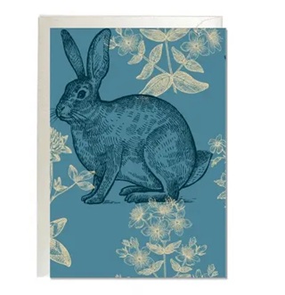 Klappkarte mit Umschlag  HASE & BLUMEN, Blau, Ostern