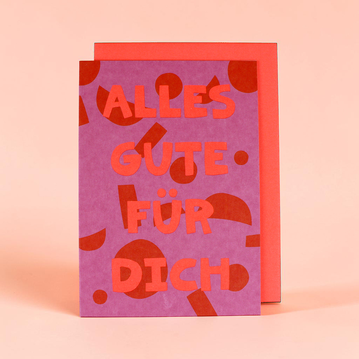 Klappkarte Alles Gute für Dich in Neon-Orange, Geomuster mit Hintergrund in violett, Format B6