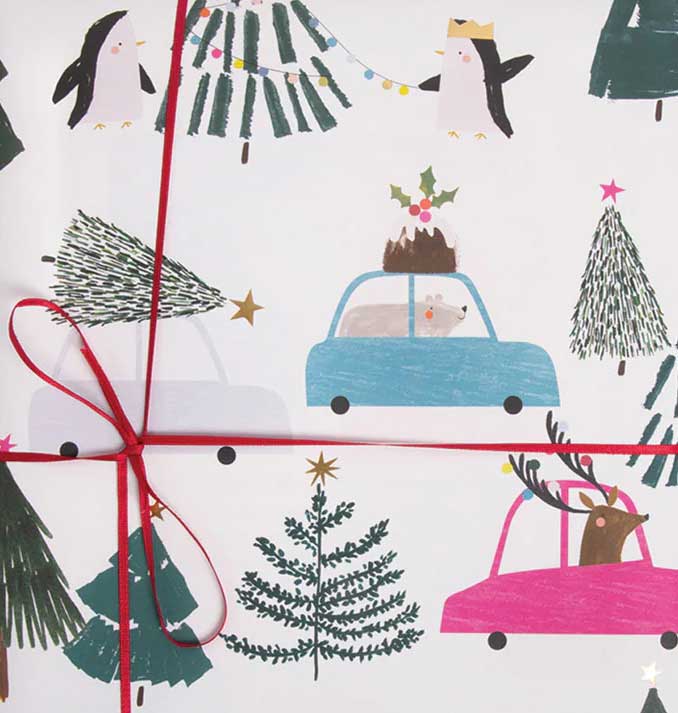 Geschenkpapier Caroline Gardner XMAS - Animals In Cars, Weihnachtsgeschenkpapier, ca.  50 x 70 cm