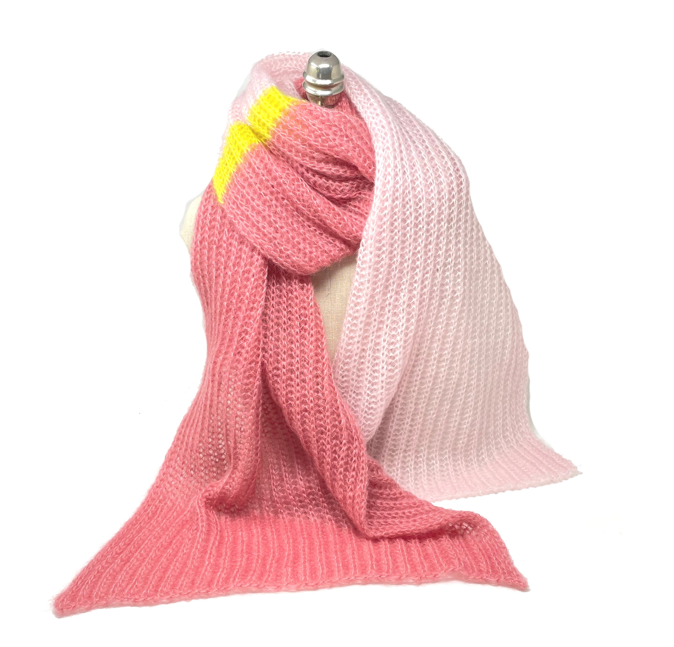 filAMORI Patentschal Colorblock 1 Rosétöne, Streifen Neongelb, Mohair/Seide, ca. 40 x 200 cm 