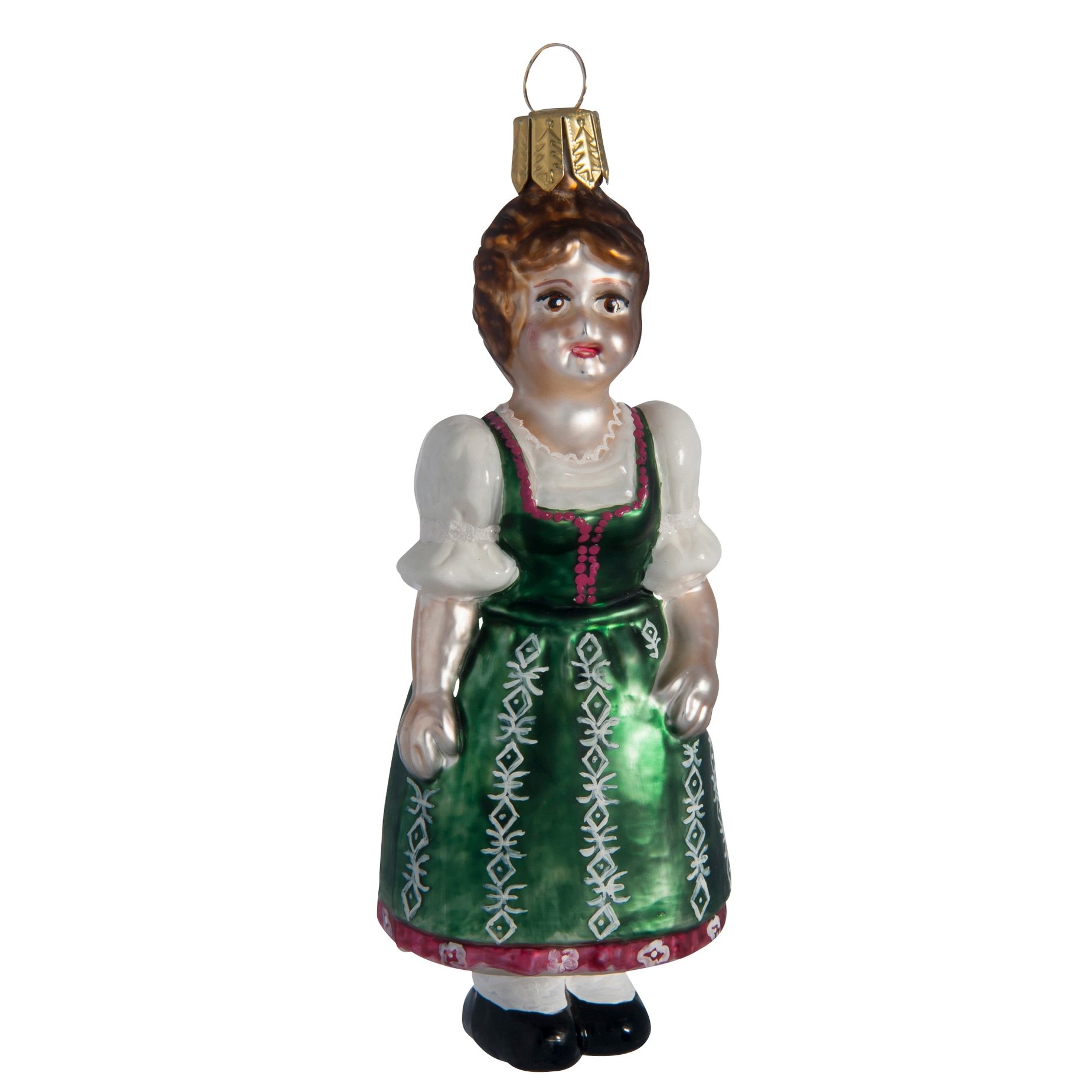 Christbaumkugel Bayerin mit grünem Dirndl von der Oberfränkische Glasmanufaktur 
