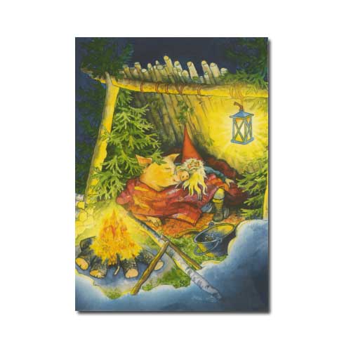 Postkarte Inge Löök "Zwerg und Schwein schlafen an Lagerfeuer  "  Löök Postkarte Weihnachten