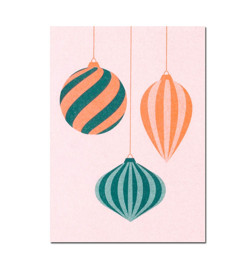 Herr und Frau Rio Postkarte XMAS Glaskugeln Grün, Risographie Postkarte Weihnachten