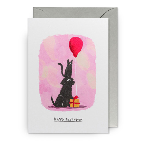 John Bond Doppelkarte "Happy Birthday" Hund & Katze mit rotem Luftballon, Geburststagskarte