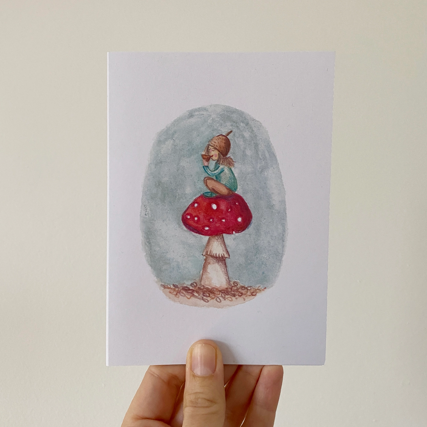Doppelkarte "Fliegenpilz & Tee" aus England von Juliet Thomas Doodles, Elf auf Fliegenpilz