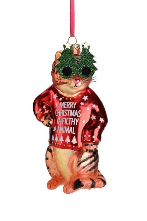 Weihnachtskugel Katze mit Weihnachtsbaum-Brille, rot/orange, Glas, ca. 14,5 cm