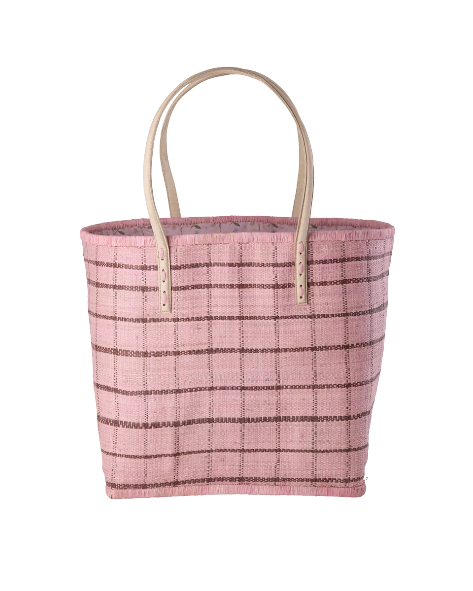 Rice Korbtasche Raffia KARO SOFT PINK - natürlich - mit Ledergriffe