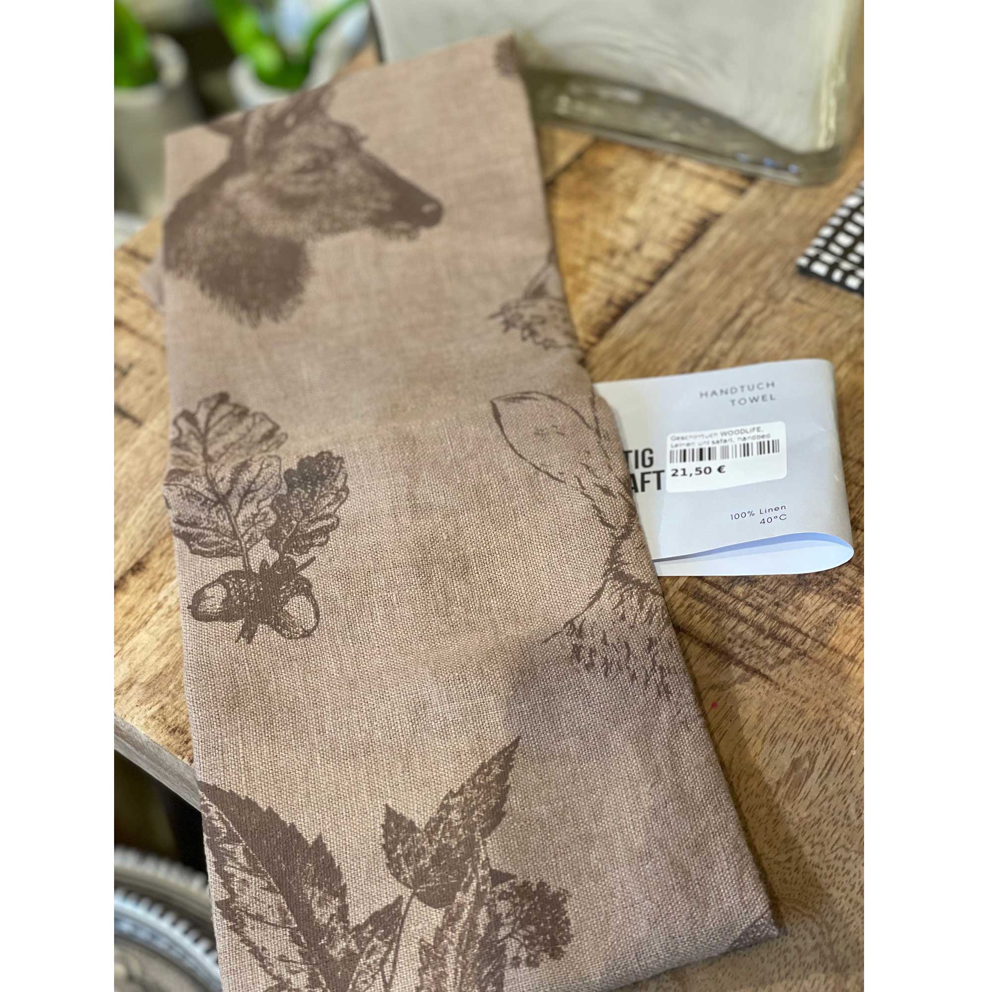 Geschirrtuch WOODLIFE, Leinen uni safari, handbedruckt, ~50x70cm von Dorothee Lehnen       