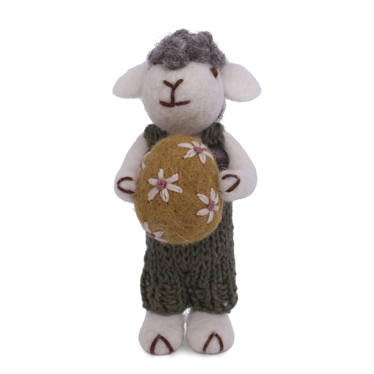 Gry & Sif Schäfle grau mit Latzhose und Ei, aus Filz, Grey Sheep w/Green Pants & Egg with String ca. 11 cm    