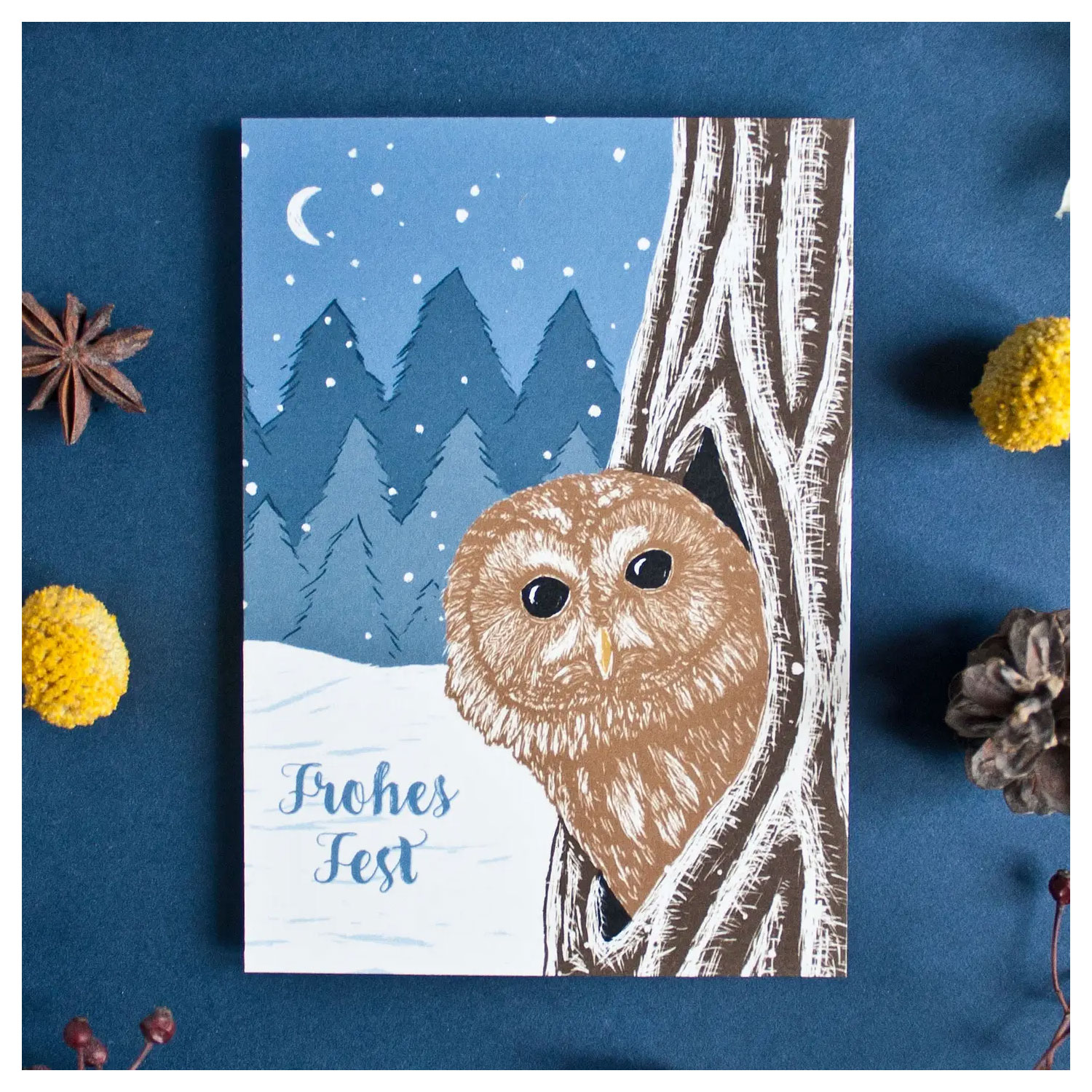 Weihnachtskarte Waldkauz Frohes Fest von Katja Rub