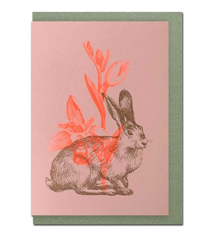 Feingeladen Doppelkarte Osterkarte / Hase mit Narzisse mit Umschlag , Neon Orange, RISO handgedruckt