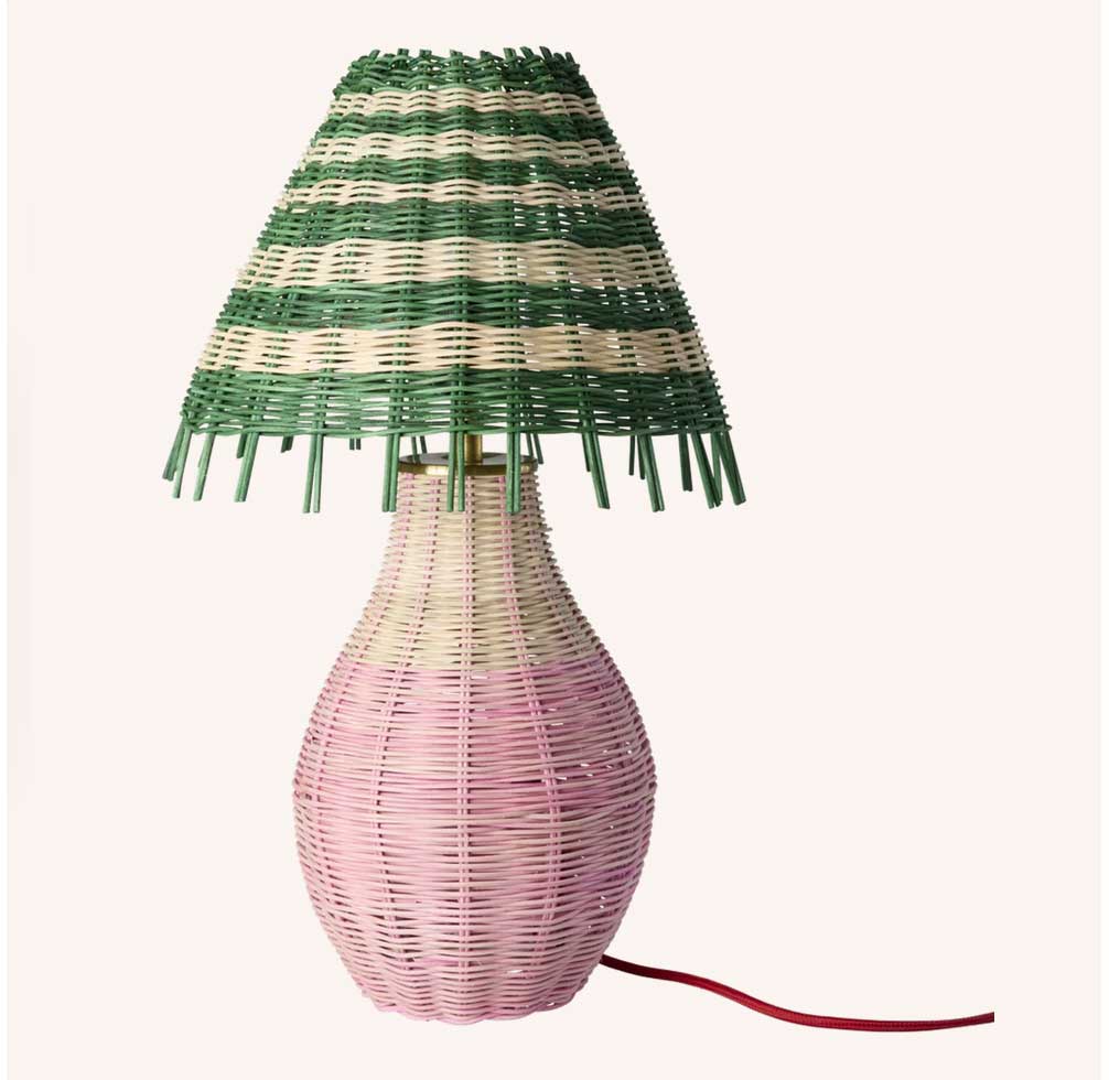 Rattan Tischlampe - Grün-Pink, rosa Streifen, hoch,  Höhe ca. 55 cm, Rattan Table Lamp in Pinkish Stripes - E27 Socket and 2-pin Plug - Tall