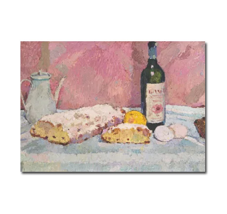 Postkarte Stillleben mit Stollen und Weinflasche, 1963,von Bernhard Kretzschmar, Christstollen, Kunst 