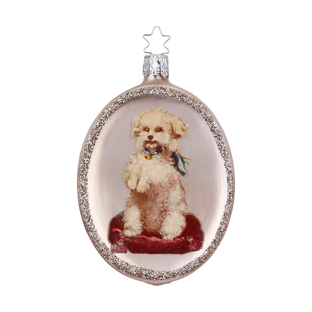 Inge Glas Nostalgie Christbaumkugel  Weihnachtserinnerung, Oval, D. 11 cm , Weihnachtliche Poesie , Hund