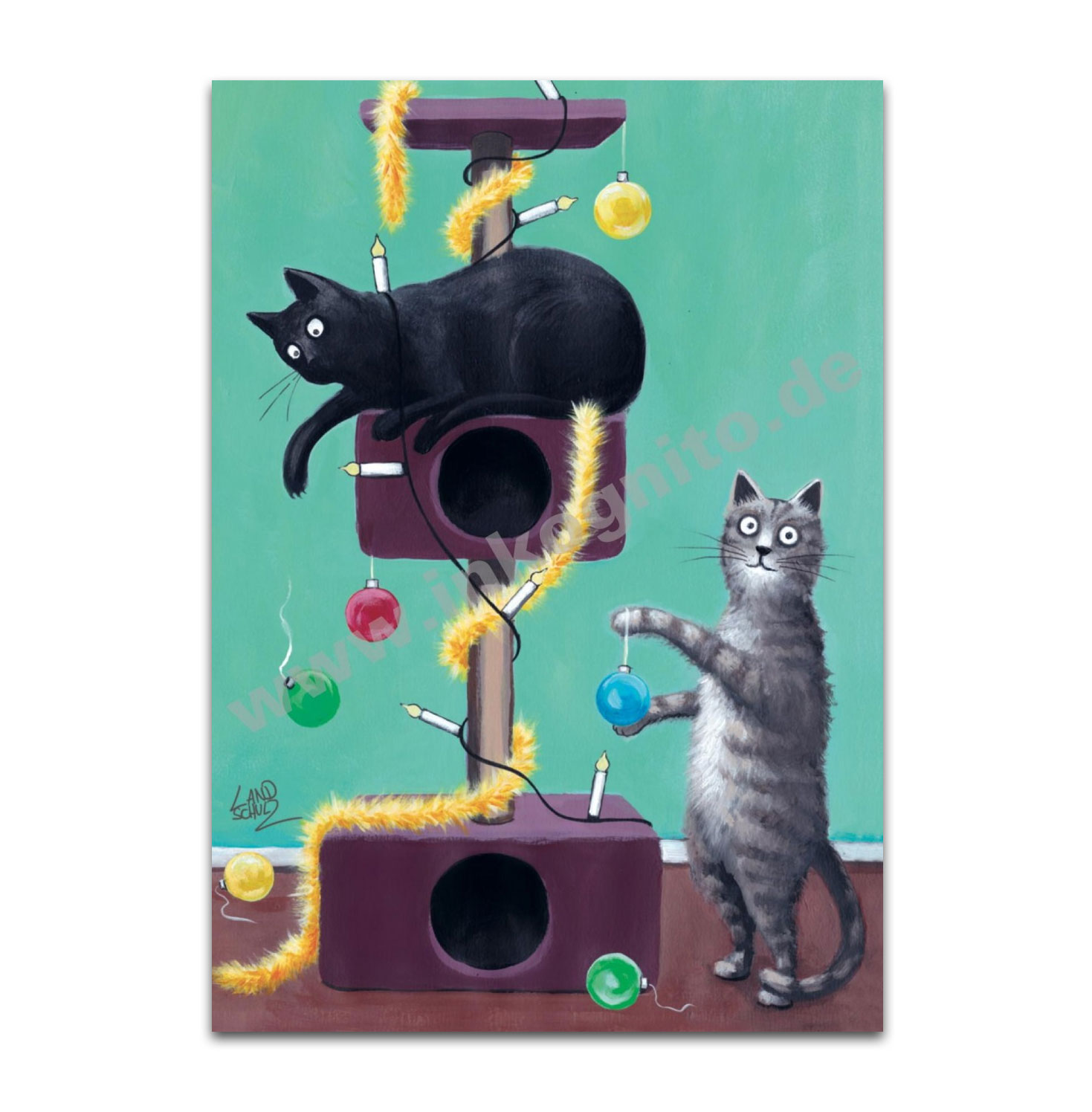 Inkognito Postkarte Kratzbaum, Katzen, Weihnachten 
