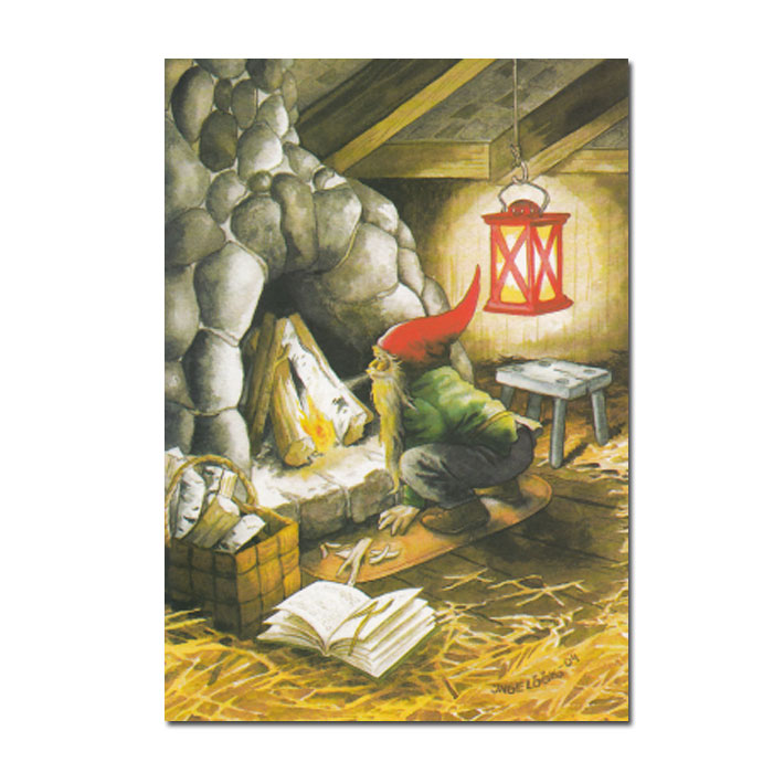Postkarte Inge Löök "Wichtel macht Feuer im Kamin  "  Löök Postkarte Weihnachten