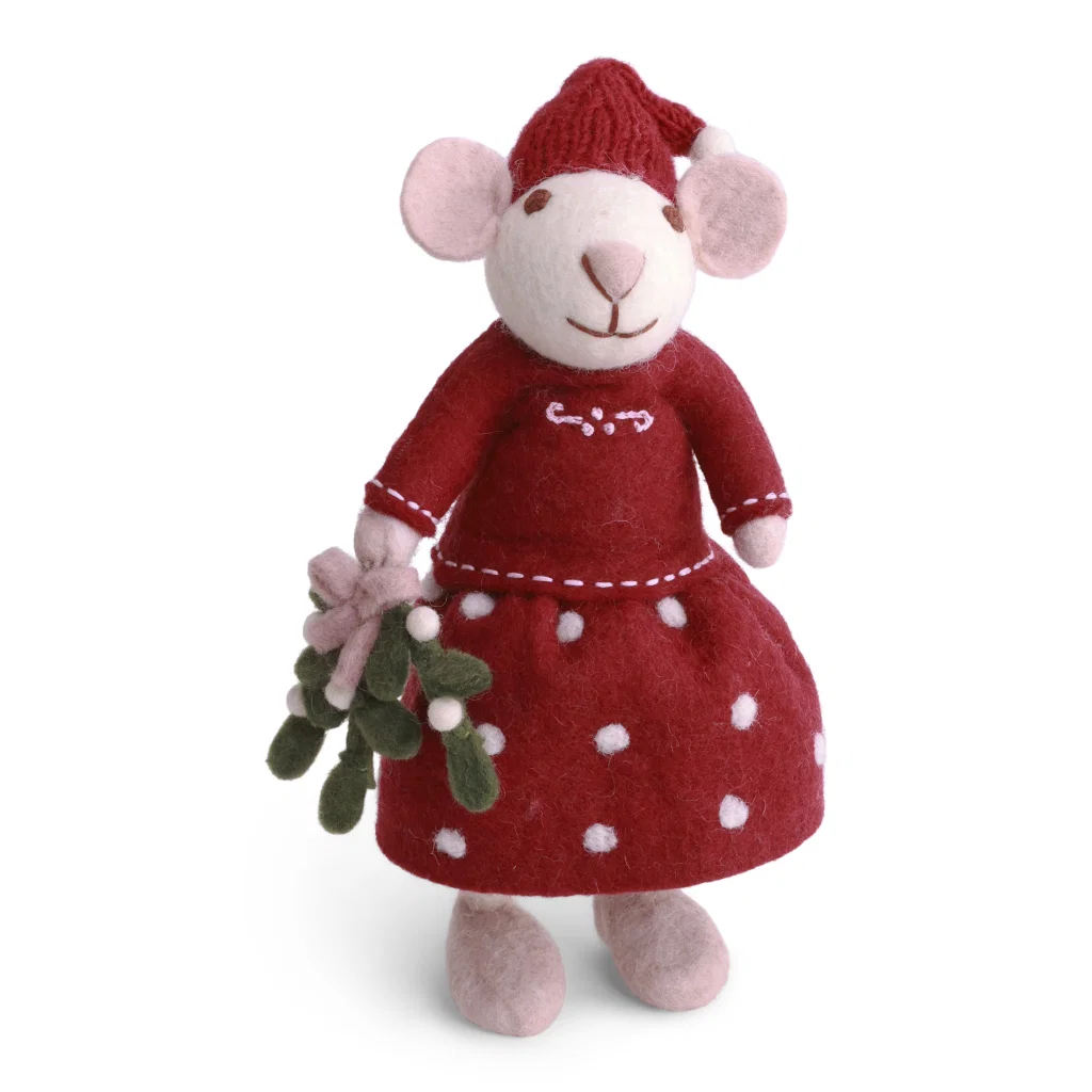 Gry & Sif Weihnachtsmaus Mädchen mit Mistelzweig, ca. 27 cm, Medium White Girly Mouse w/Mistletoe