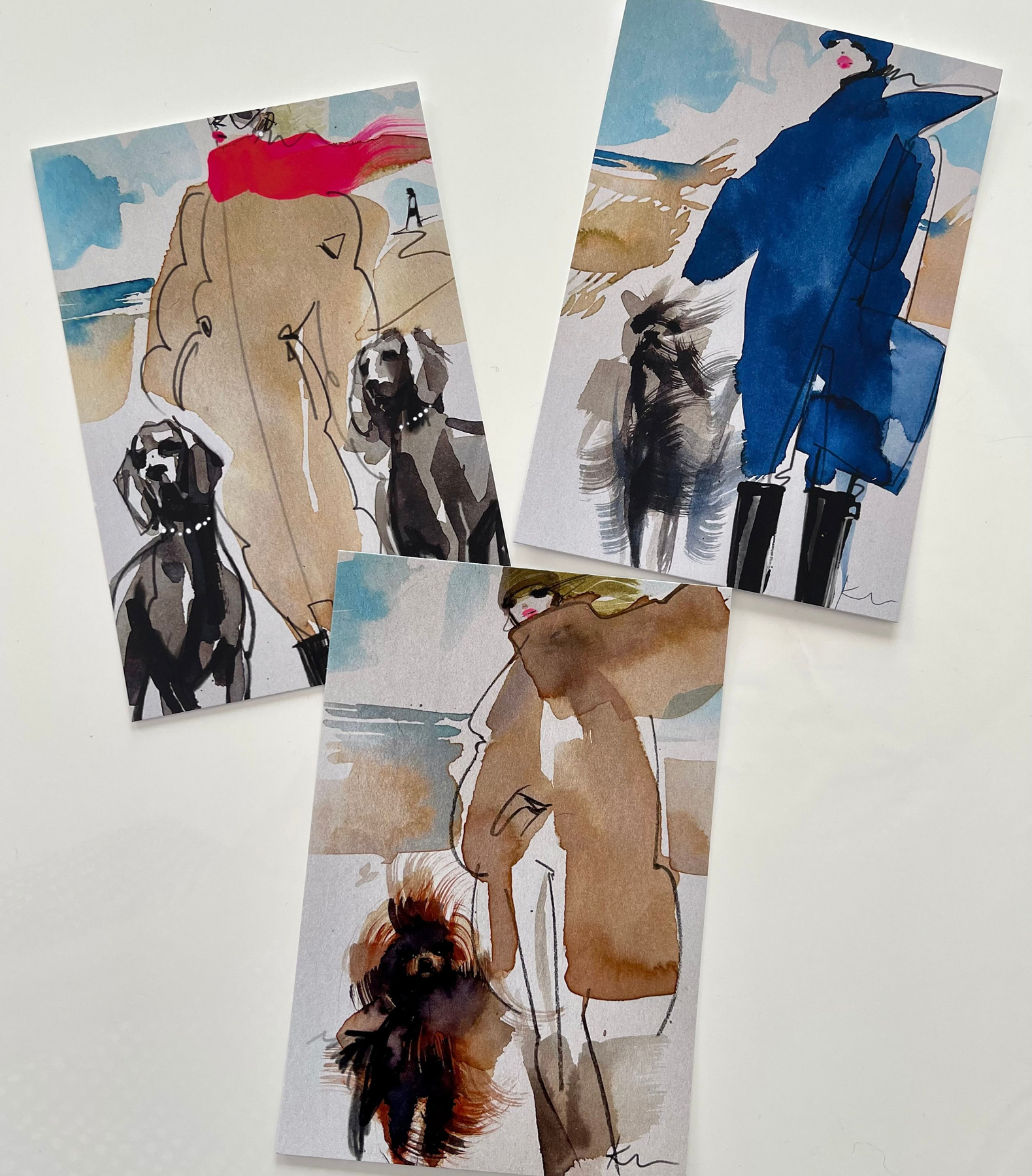 Katja Foos Karte "2 Hunde mit Frauchen mit Schal pink" aus der Serie „Hundis & Frauchen“, pink