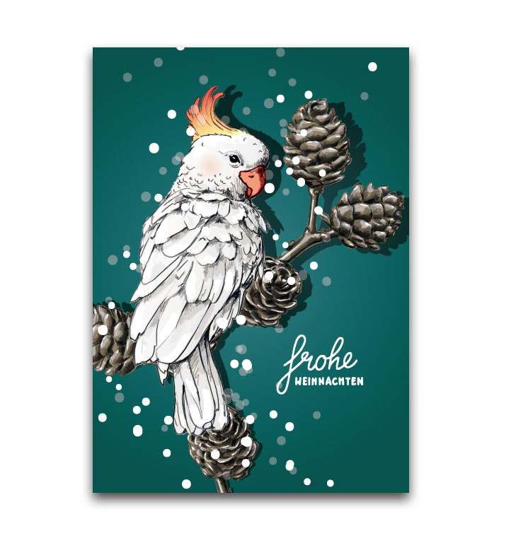 Postkarte PAPUKA Frohe Weihnachten von illi , Holzschliffpappe , Papagei