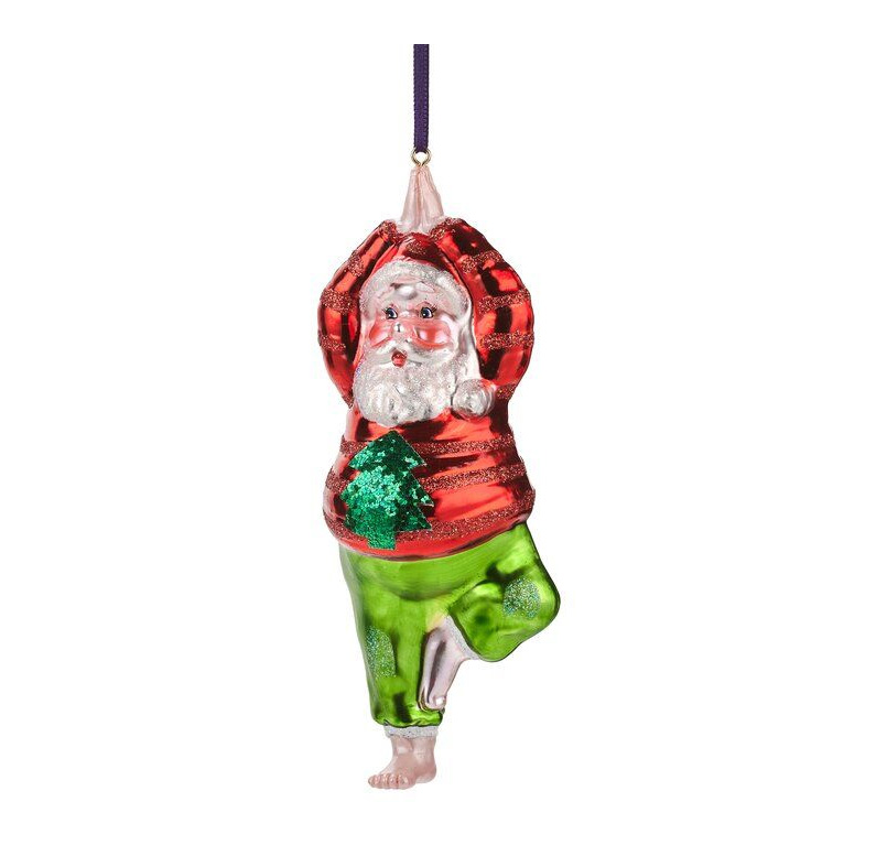 Yoga Weihnachtskugel Yoga Santa, Baum-Haltung, rot/grün  Glas, ca. 15 cm   